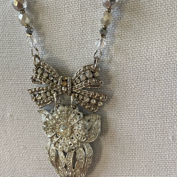 NWT Wedding Necklace Of Vintage Pendant Quartz Crystal & Czech Faceted G… - Picture 6 of 11